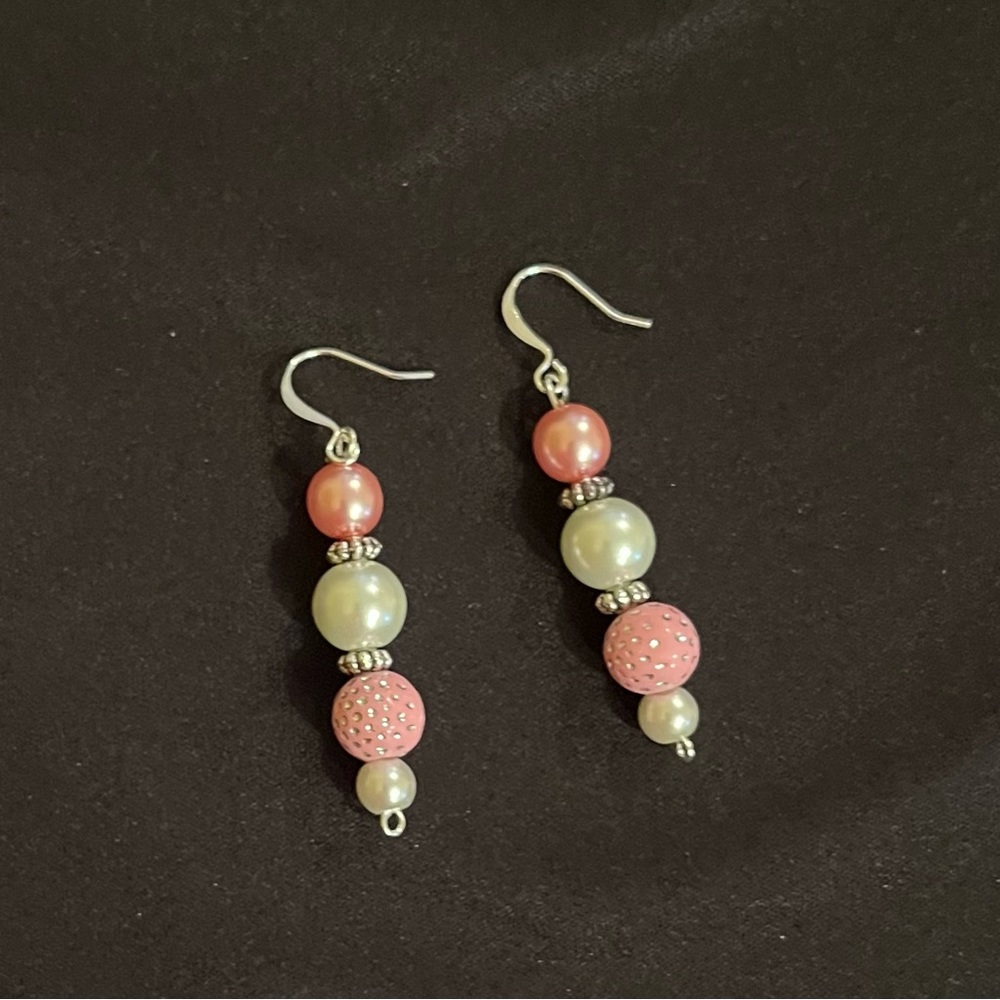 Silver Tone Pink & White Beaded Drop Earrings - Picture 2 of 2